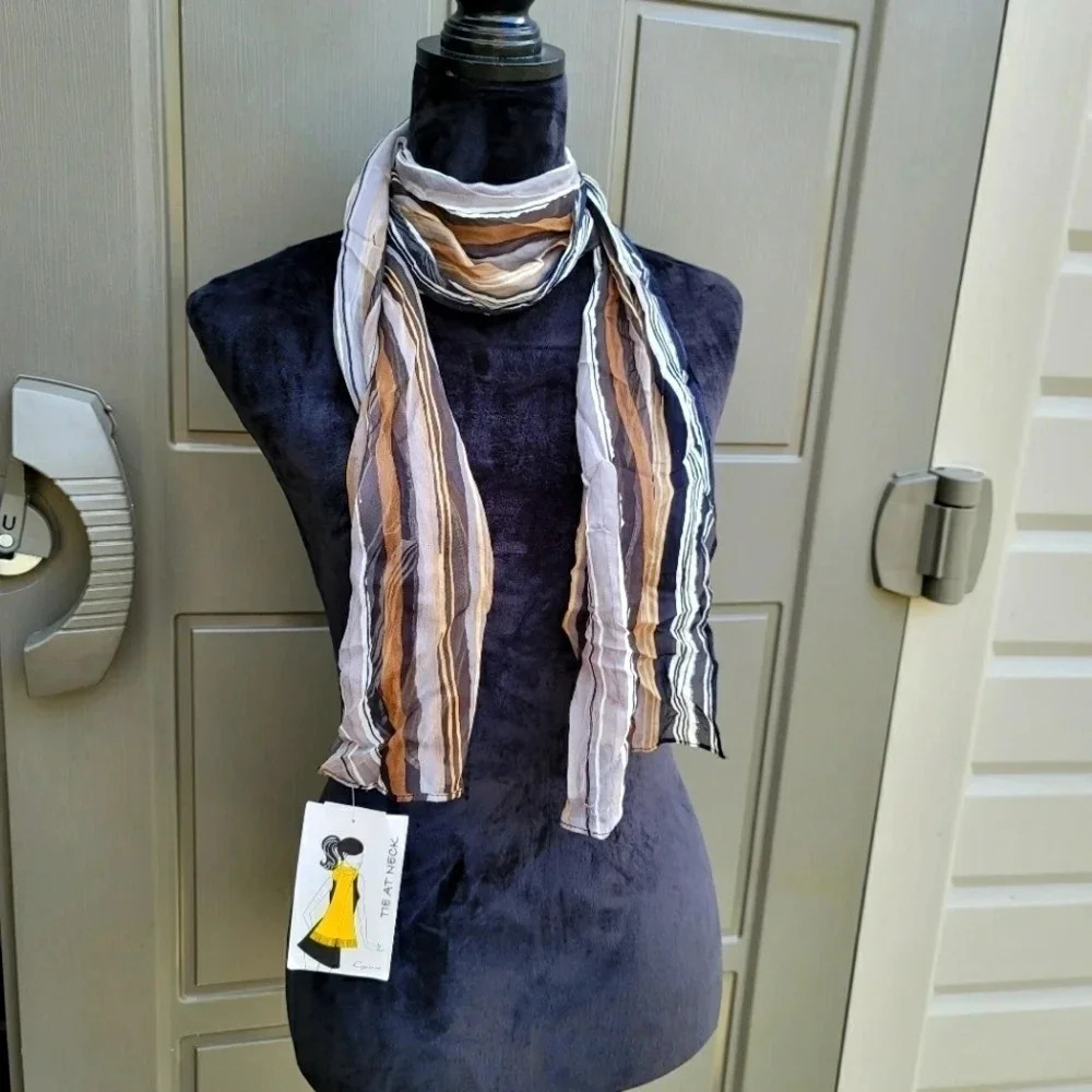 Cejon 100% Silk Chiffon Scarf Black Beige White Striped 10"x 65"